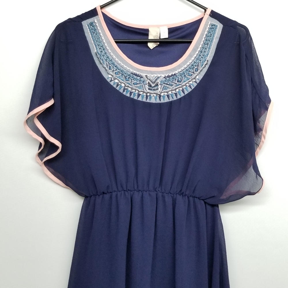 Francesca's Blue Chiffon Statement Neckline Dress